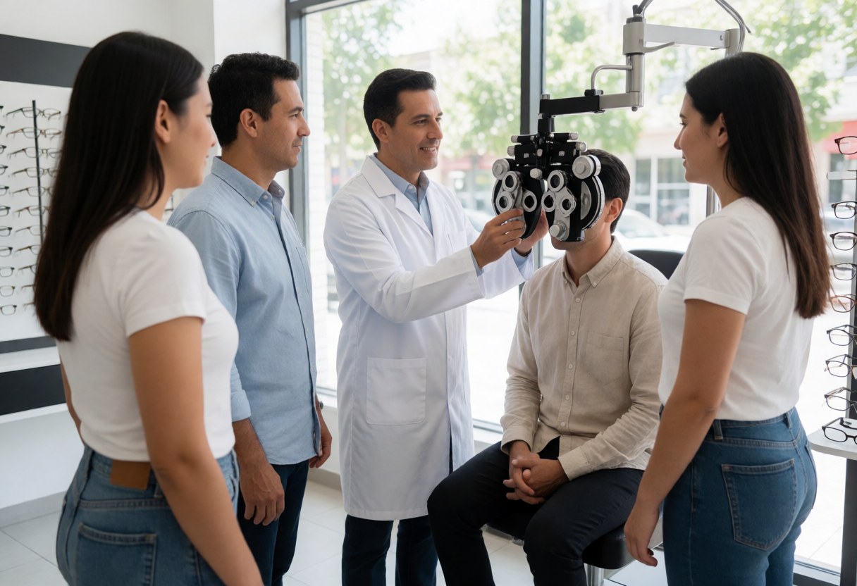 Optometrist in white coat conducts vision test on seated patient using phoropter in bright modern optical shop