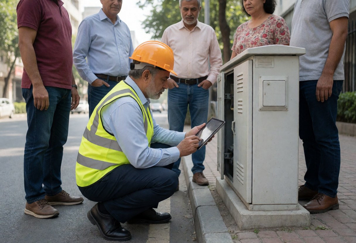 Field engineer inspects an electrical box on the street while people watch the work being performed