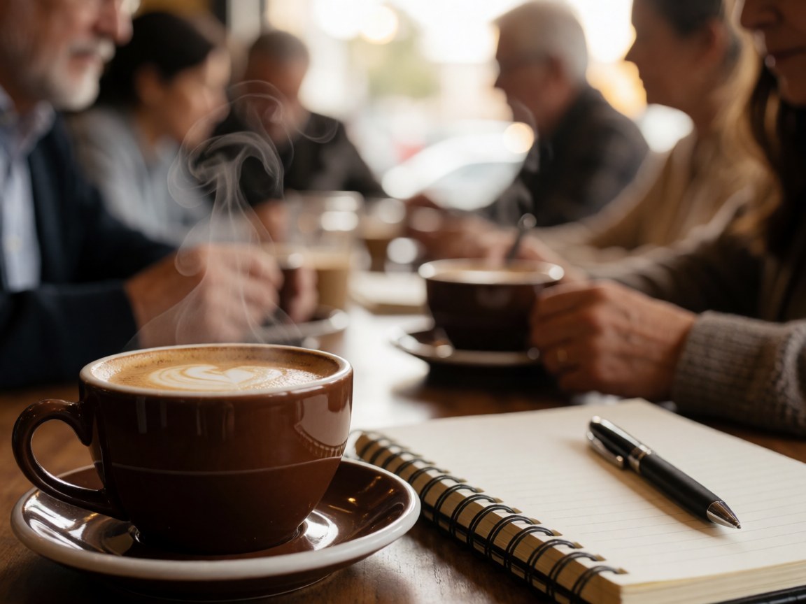 Close-up of a coffee cup with foam, notebook, and pen on a wooden table in a coworking space with people working in the background