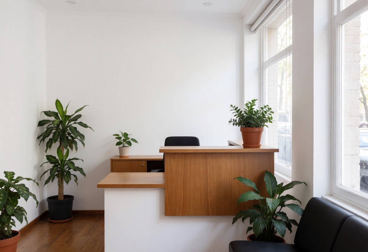 Modern office reception area featuring a wooden desk, green plants, and large windows letting in natural light