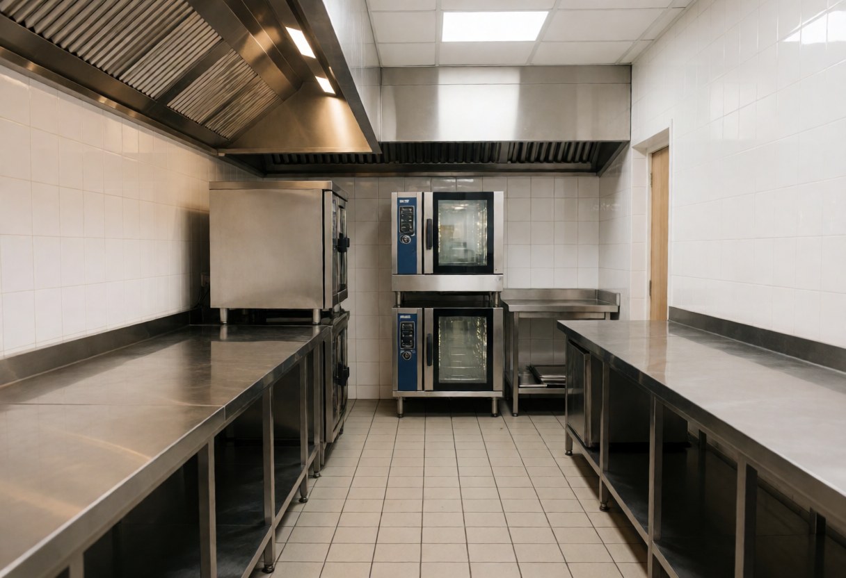 Empty professional kitchen with stainless steel counters, tiled walls and floor, modern pots and ovens, and bright clean lighting.