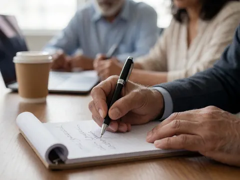 Close-up of an adult hand writing strategic notes in a notebook with a blurred background featuring coffee and a laptop