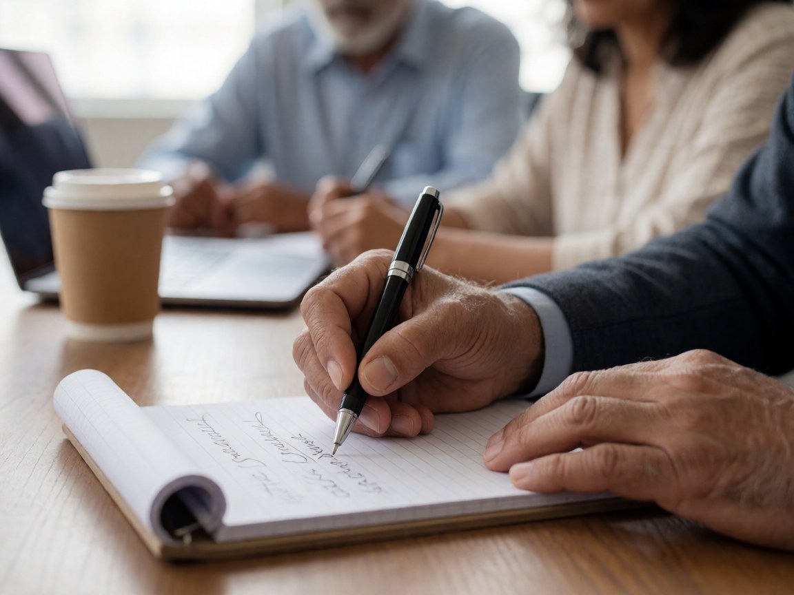 Close-up of an adult hand writing strategic notes in a notebook with a blurred background featuring coffee and a laptop