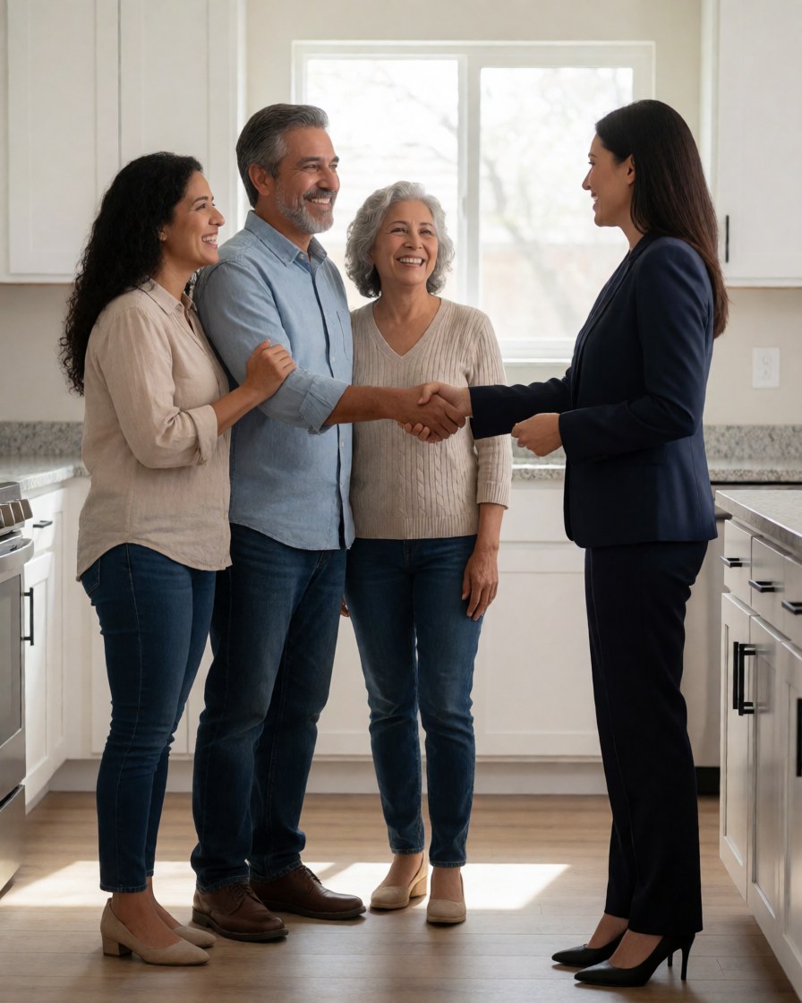 A happy Hispanic family celebrating in a new kitchen with a real estate agent, natural light, detailed interior design.
