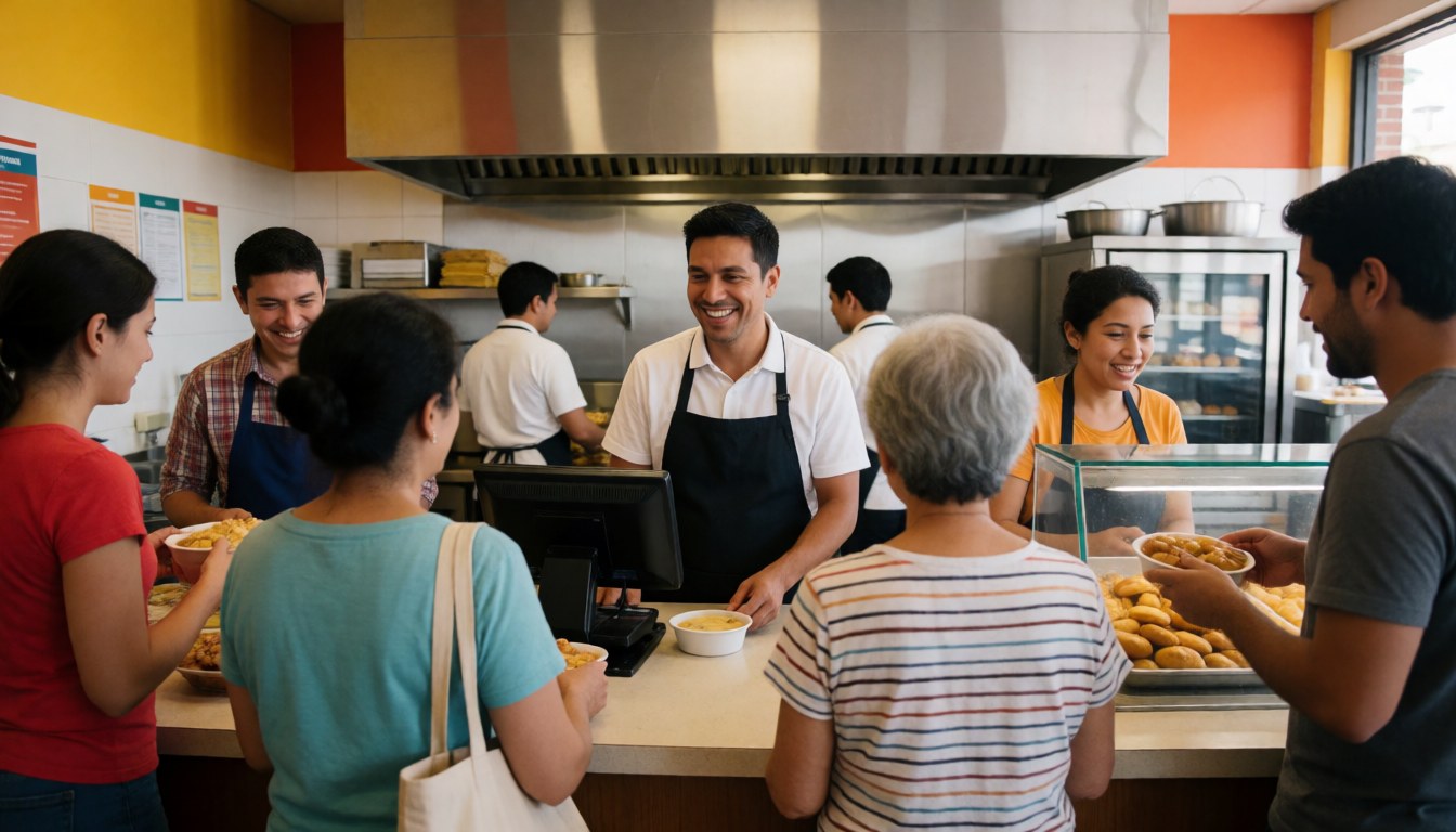 A lively cafeteria scene showing staff attending to customers with food and drinks visible in a welcoming environment
