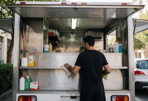 A man cleans the food truck using towels while cleaning supplies and utensils are visible inside the vehicle.