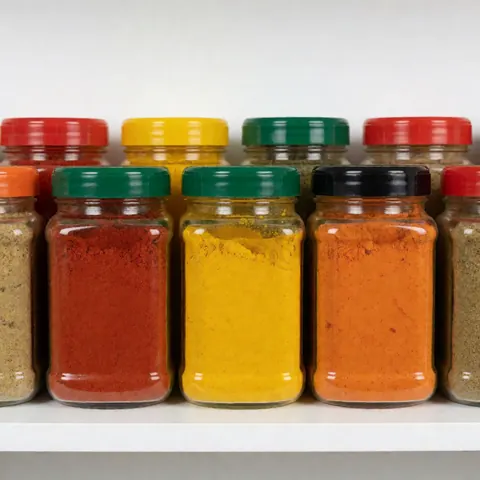 Vibrant red, yellow, and orange spice jars arranged on a white shelf, ideal for minimarket or bodega product displays.
