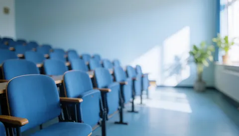 Empty blue chairs in a university classroom with light walls and natural light from windows
