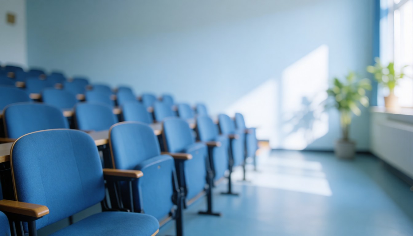 Empty blue chairs in a university classroom with light walls and natural light from windows