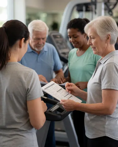 Group of adults reviewing training manual near treadmill in gym, professional and realistic scene