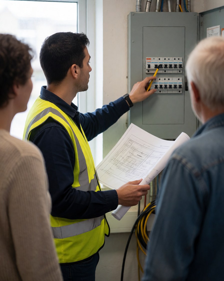 Electrician in a yellow vest shows electrical plans to clients in a distribution room with visible panels and cables