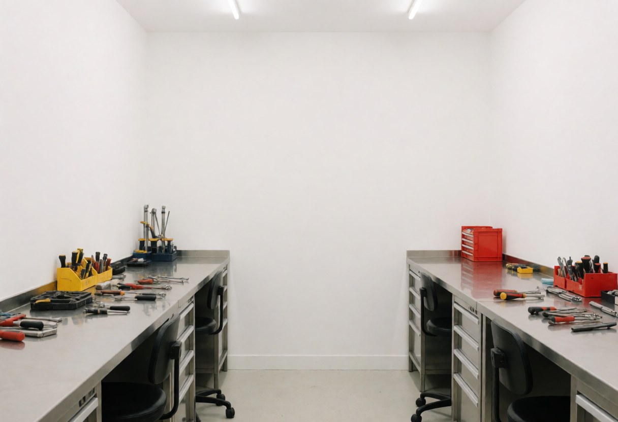 Professional mobile phone repair shop with stainless steel worktables, organized tools, and white walls