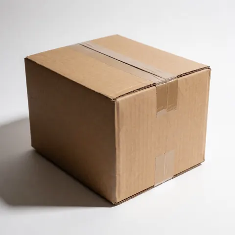 Brown cardboard box sealed with adhesive tape on a white background, ideal for online store shipping and product packaging