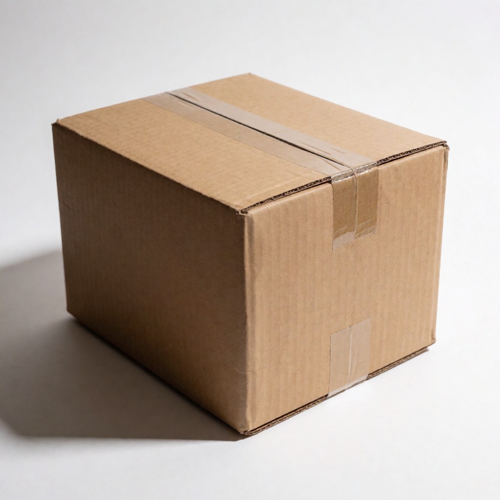 Brown cardboard box sealed with adhesive tape on a white background, ideal for online store shipping and product packaging