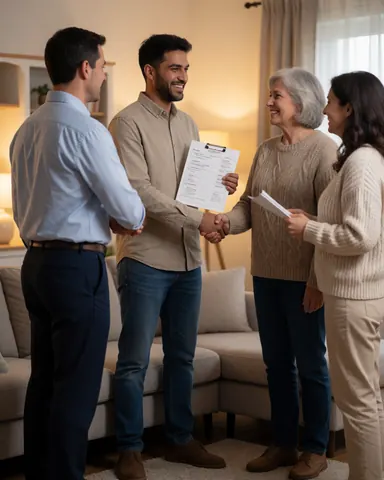 Happy young customer shaking hands with a technician while holding a report in a warm and welcoming environment