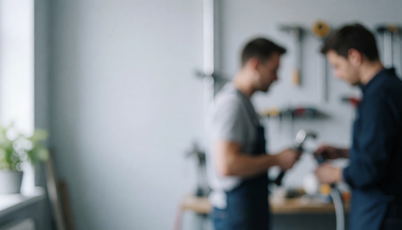 Two plumbers working in a workshop with hanging tools and a blurred background, leaving space for text on the left side