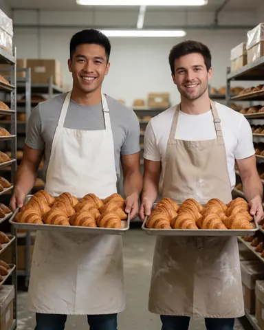 Two smiling young bakers holding trays of golden croissants in a bakery storage room with shelves in the background