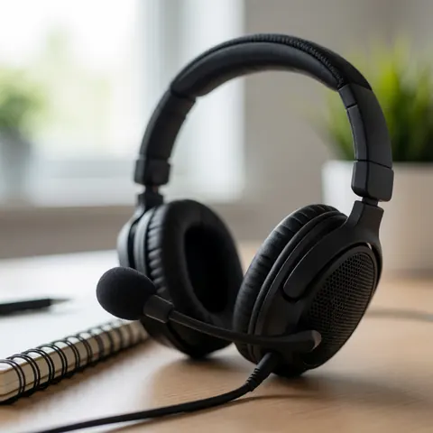 Professional headset with microphone placed on a desk next to a notebook, ideal for remote work and video calls