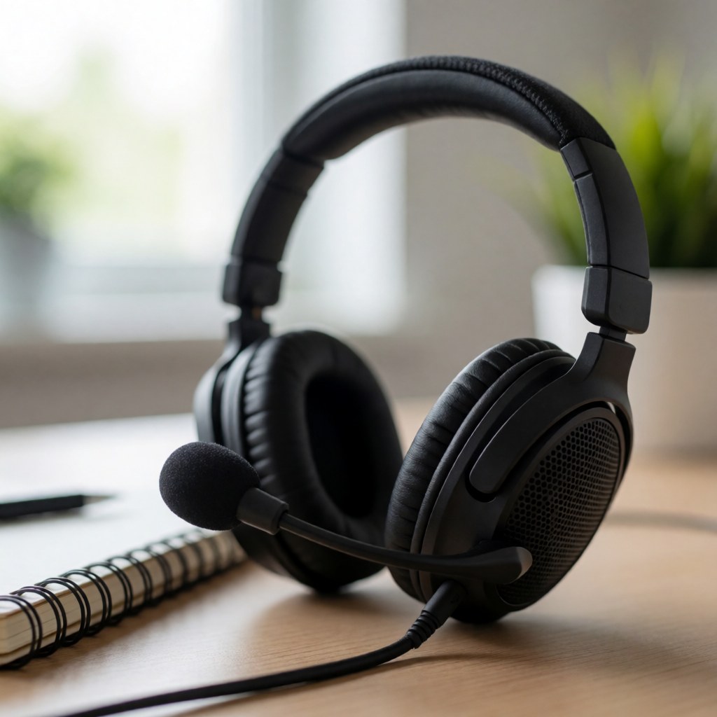 Professional headset with microphone placed on a desk next to a notebook, ideal for remote work and video calls