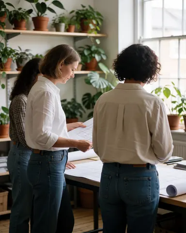 Three professional women review gardening blueprints in an office with plants and natural light