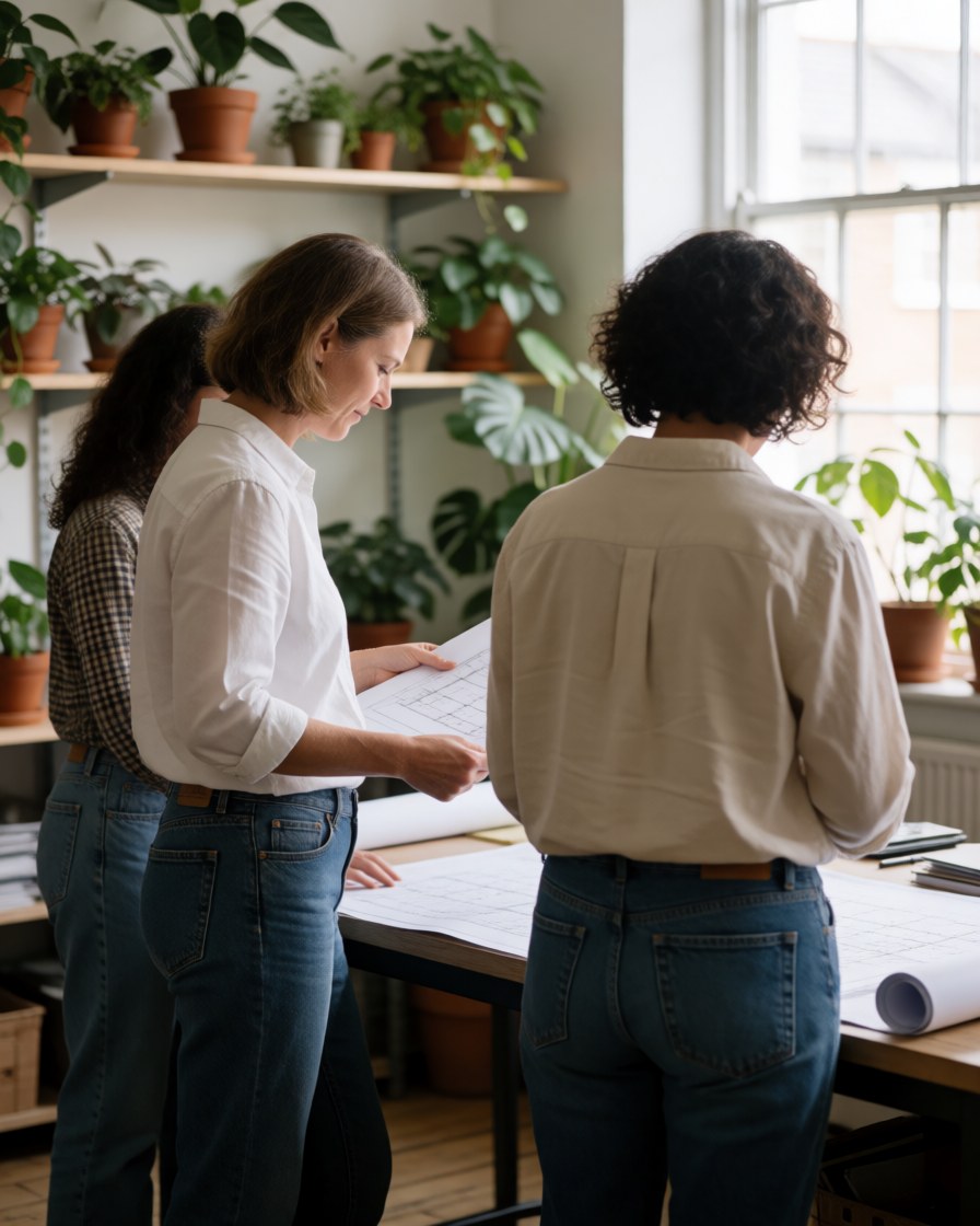 Three professional women review gardening blueprints in an office with plants and natural light