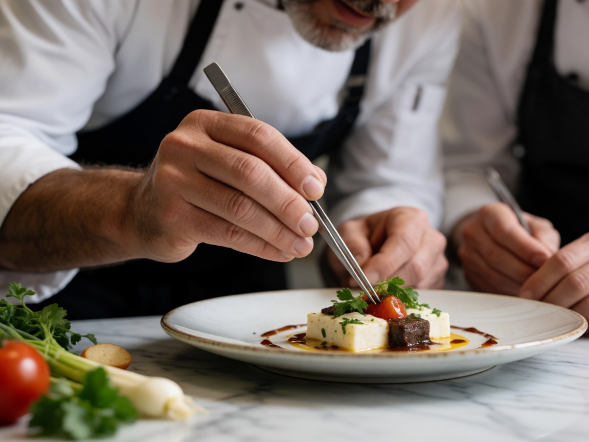 Chef uses tongs to place final details on a gourmet plate on marble with fresh vegetables nearby