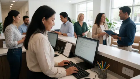 Latina indigenous receptionist greeting visitors and staff at a modern office front desk in a professional environment