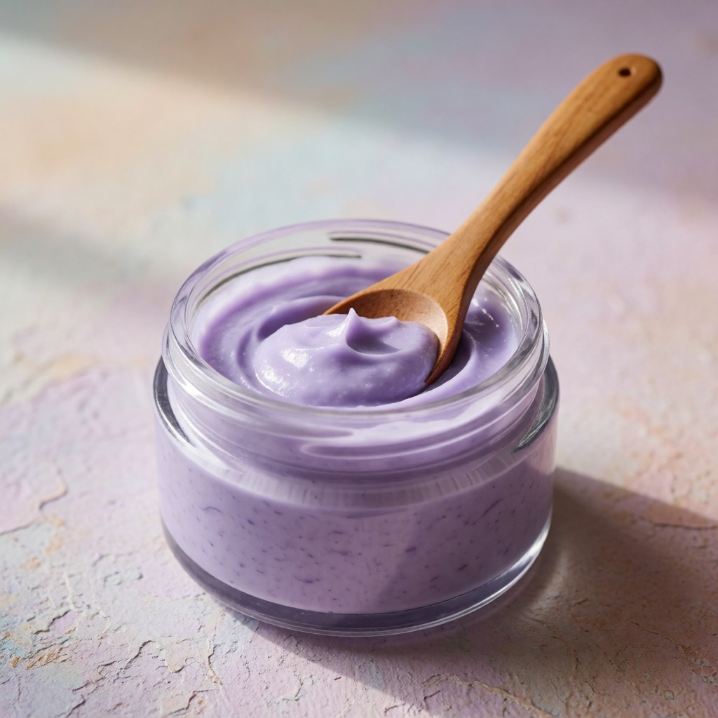 Jar of lavender cream with a small wooden spoon on a pastel textured surface with soft natural lighting