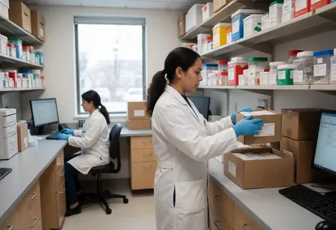 A technician in a white coat organizes supply boxes near medical shelves while a colleague works at a computer in the background