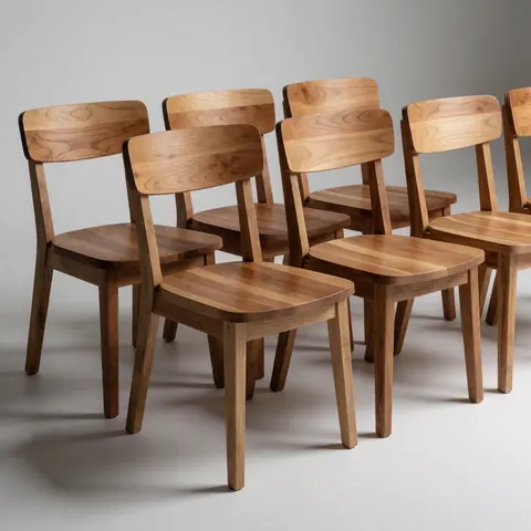Row of modern minimalist wooden chairs with natural finish arranged on a light gray background