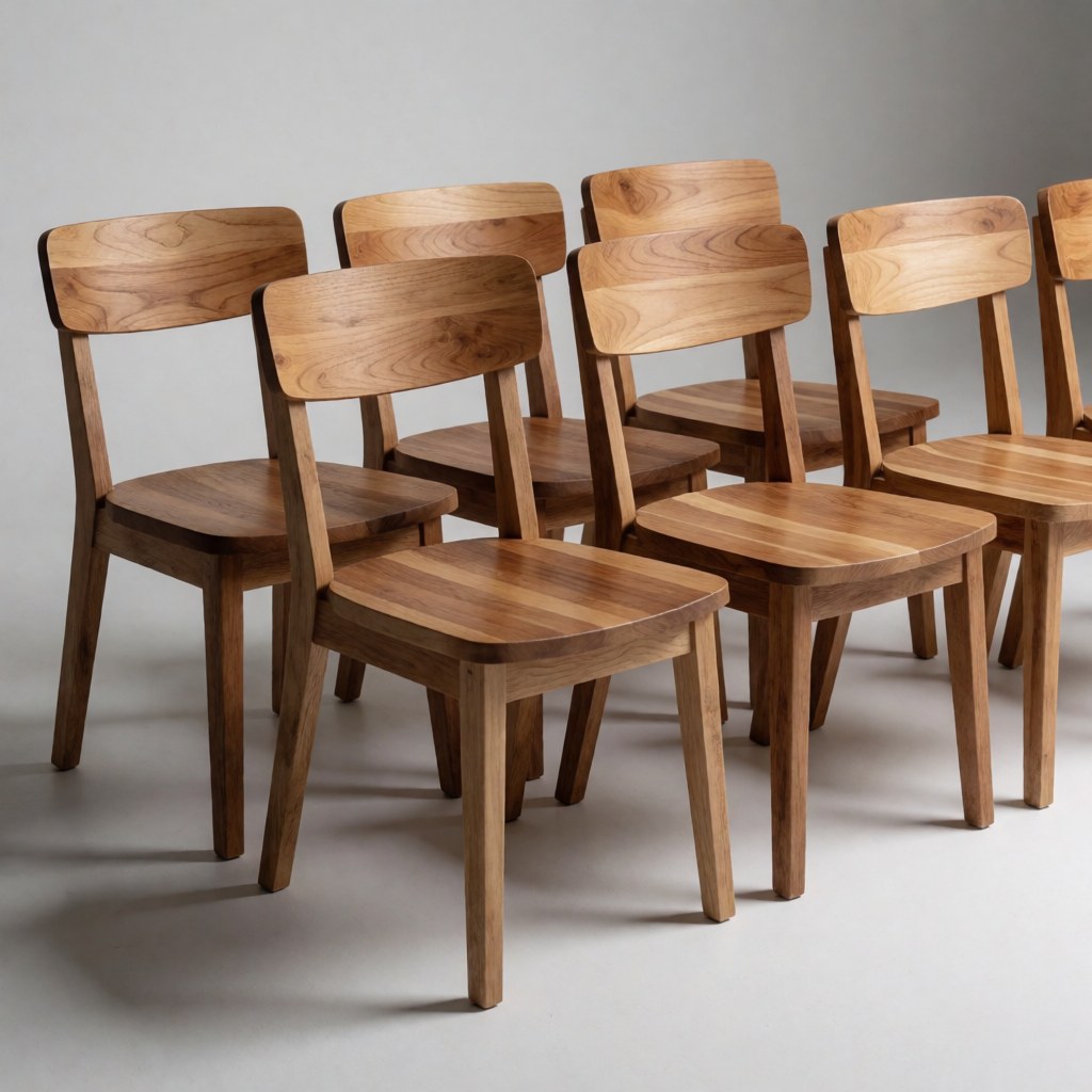 Row of modern minimalist wooden chairs with natural finish arranged on a light gray background