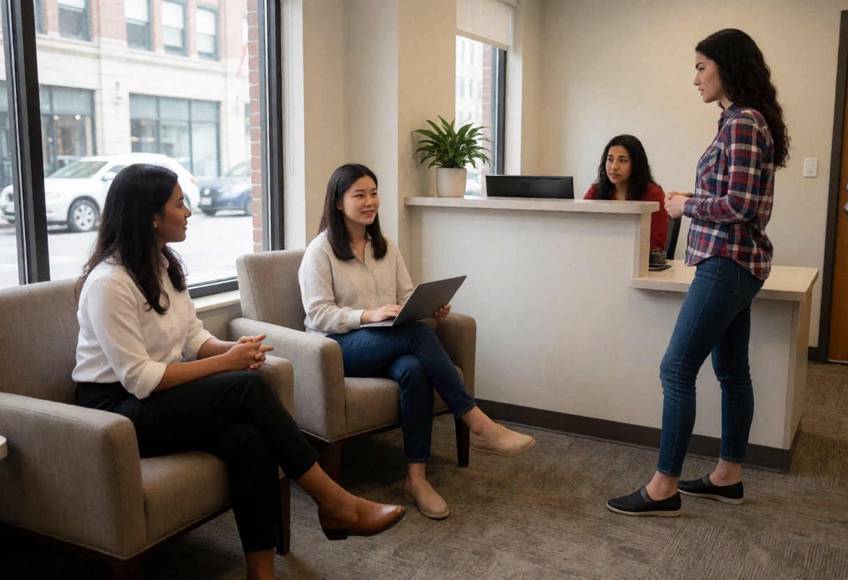 Modern online store reception with three women, two seated and one standing while speaking with the receptionist