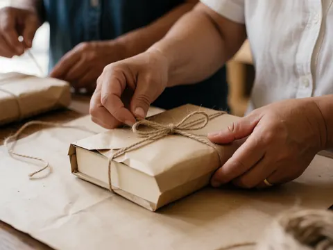 Close-up of hands wrapping a book with kraft paper and jute twine in a bookstore, highlighting texture and knot details