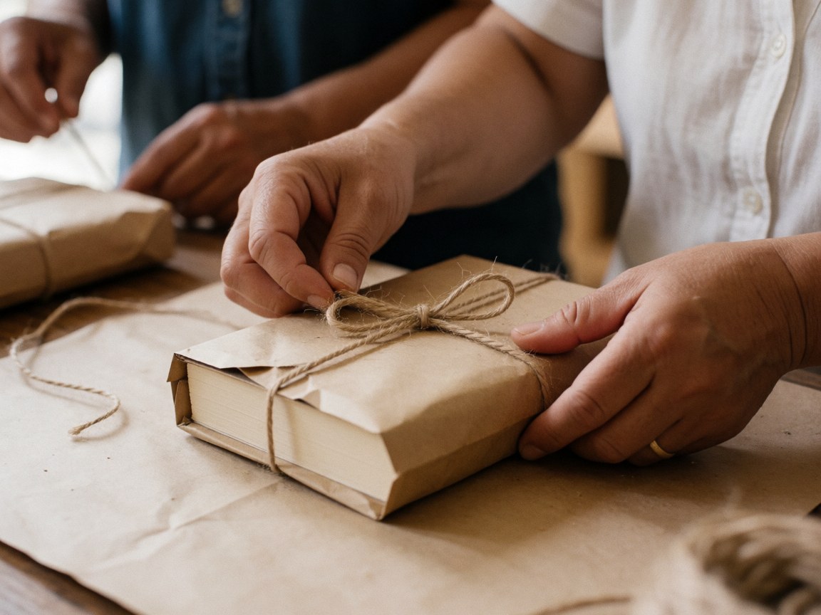 Close-up of hands wrapping a book with kraft paper and jute twine in a bookstore, highlighting texture and knot details