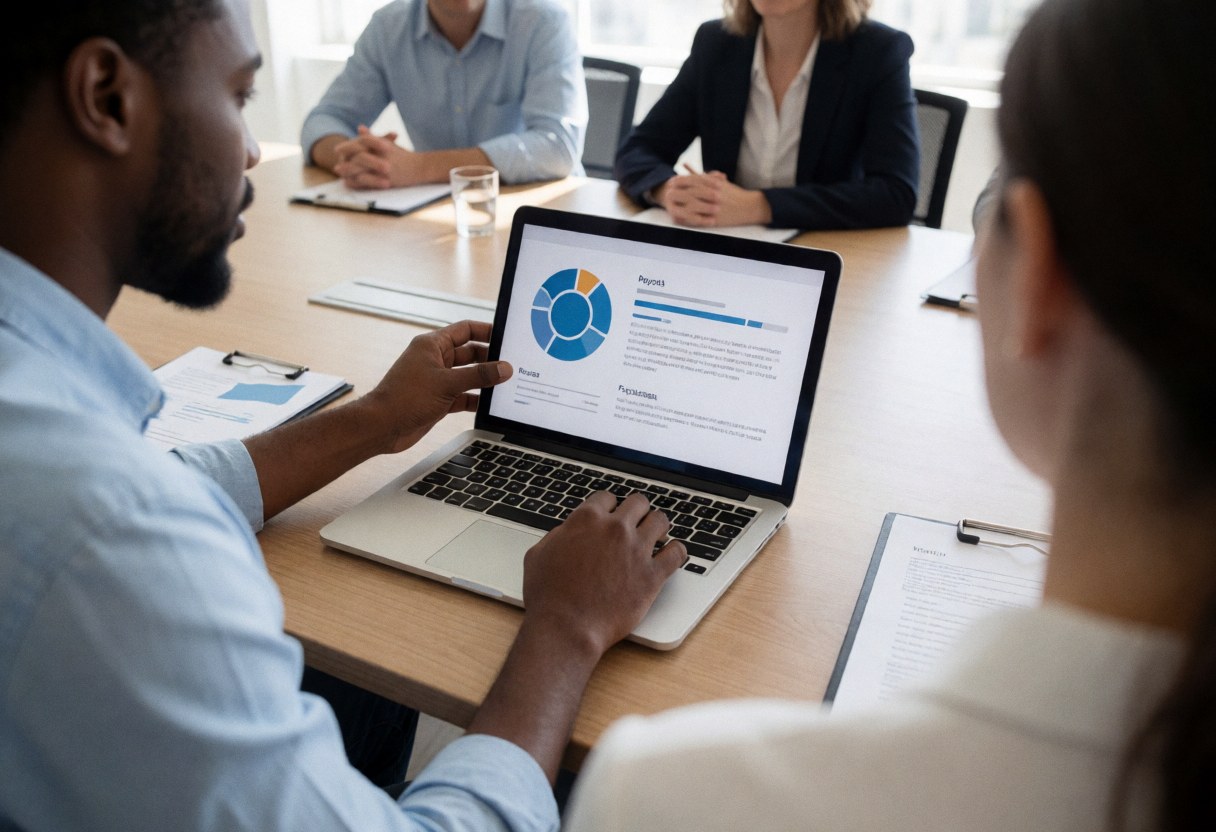 A professional presents a proposal on a laptop during a business meeting with clients seated around a wooden table.