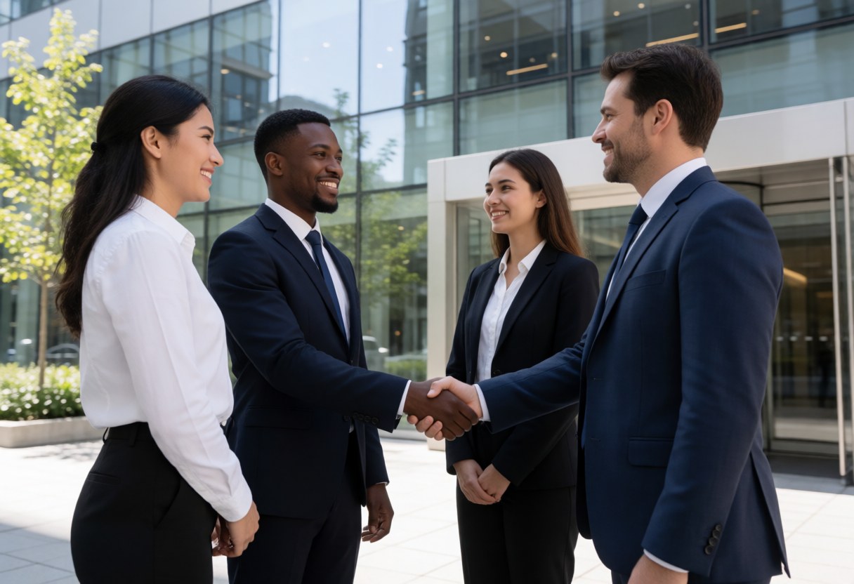 A security manager shakes hands with a client in front of a modern corporate building while other professionals observe nearby.