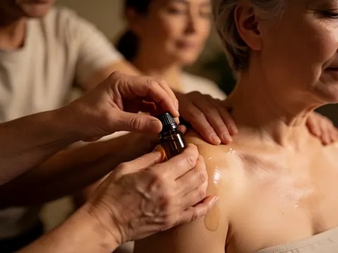 Close-up of hands massaging essential oil onto a woman's shoulders with warm lighting and blurred background