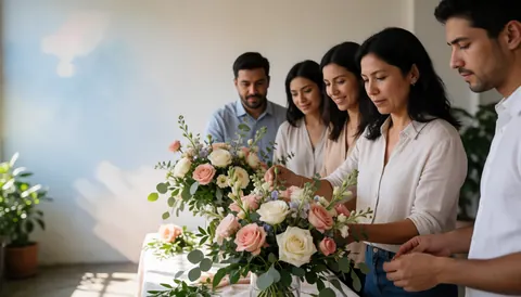 A diverse team of wedding planners arranging flower centerpieces in a bright loft space with natural light and room for text