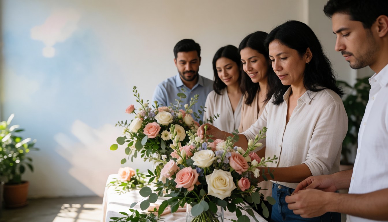 A diverse team of wedding planners arranging flower centerpieces in a bright loft space with natural light and room for text