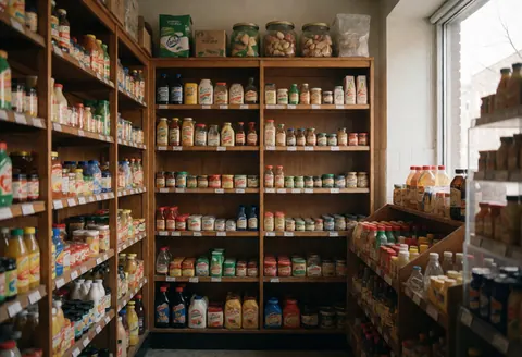 Interior view of a grocery store featuring wooden shelves filled with various products and natural light from a window