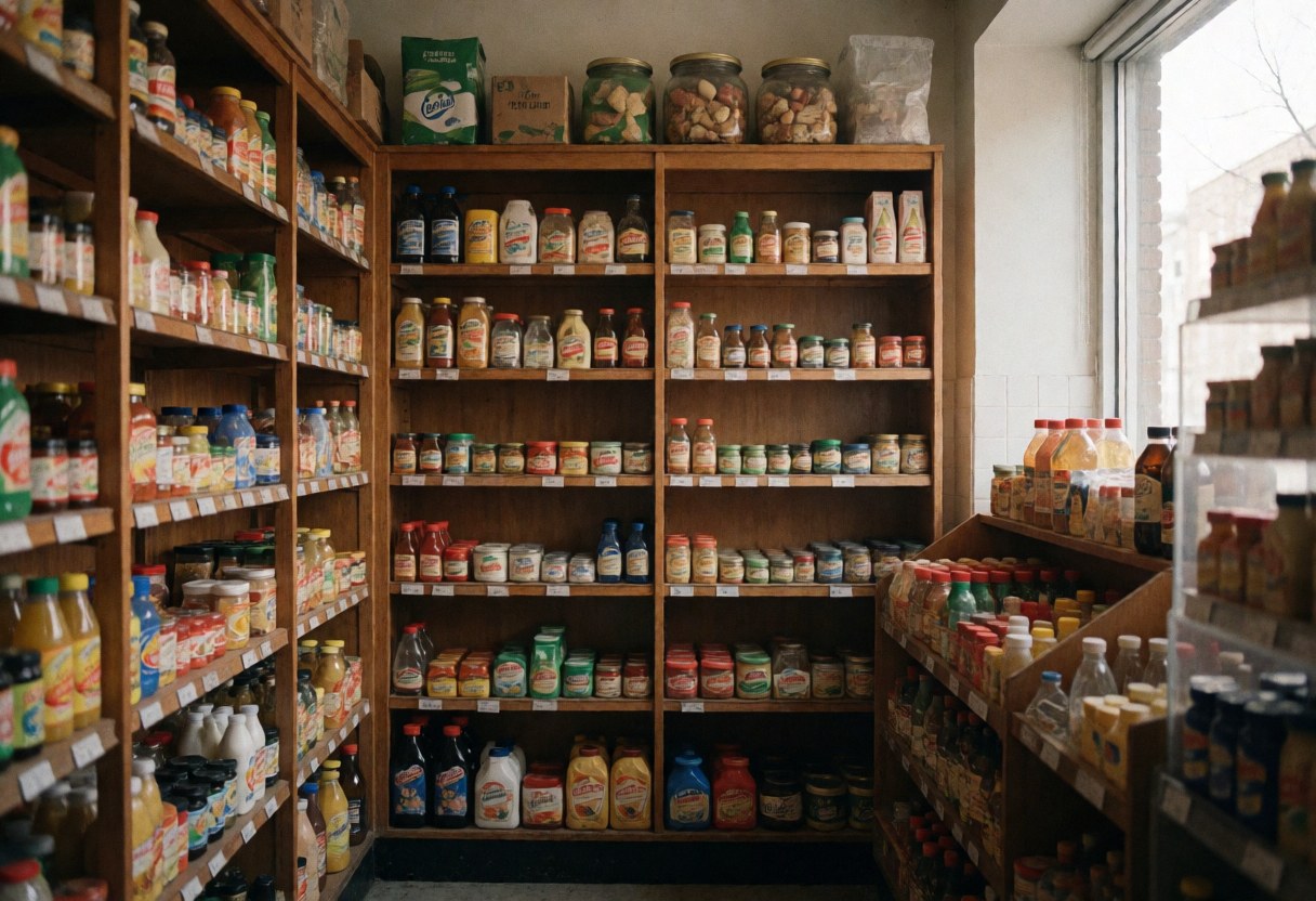 Interior view of a grocery store featuring wooden shelves filled with various products and natural light from a window