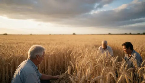 Three adult farmers inspecting ripe wheat in a large field under a dramatic sunset sky