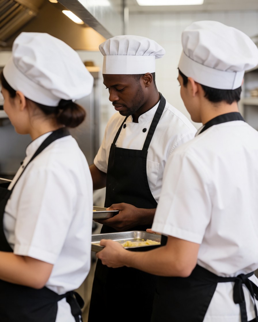 Three young chefs wearing hats and aprons preparing food with focus and professionalism in a fast food kitchen