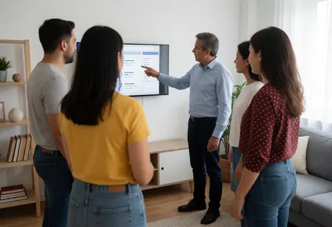 A Latin American IT technician explains software functions to clients via video call from his living room, gesturing toward the screen.
