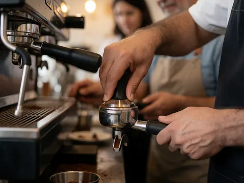 Close up of a barista tamping coffee grounds in a portafilter with an espresso machine in the background