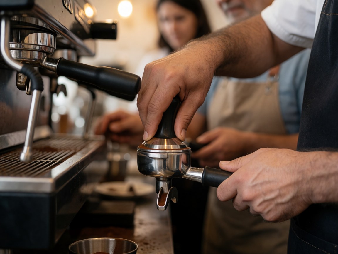 Close up of a barista tamping coffee grounds in a portafilter with an espresso machine in the background