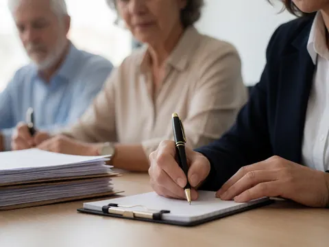 Close-up of a customer service agent writing notes at a desk with a stack of documents and other adults in the background