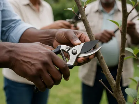 Black hands using pruning shears to cut tree branches against a blurred green background showing metal and wood details