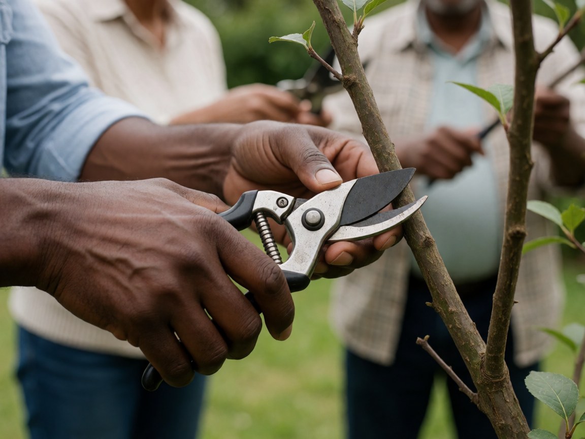 Black hands using pruning shears to cut tree branches against a blurred green background showing metal and wood details