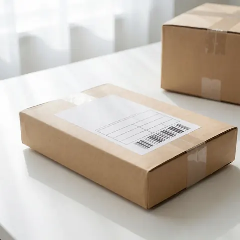 A white logistics package with a white label resting on a clean white table under bright lighting for a professional look